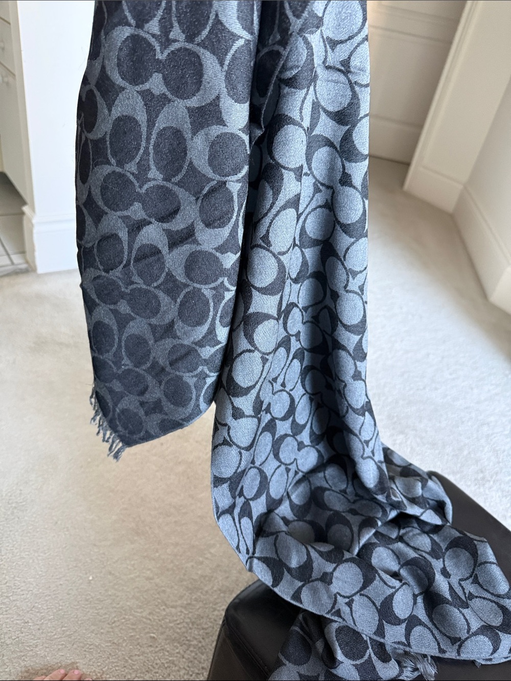Coach Signature Jacquard Fringe Scarf in Gray and Black